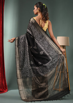 Black Dupion Silk Saree With Blouse Piece - Indian Silk House Agencies