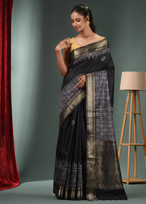 Black Dupion Silk Saree With Blouse Piece - Indian Silk House Agencies