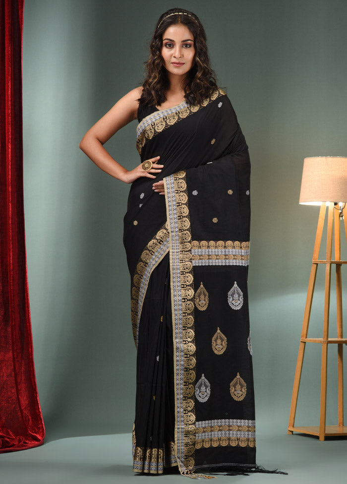 Black Pure Cotton Saree With Blouse Piece - Indian Silk House Agencies