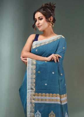 Yale Blue Pure Cotton Saree With Blouse Piece - Indian Silk House Agencies