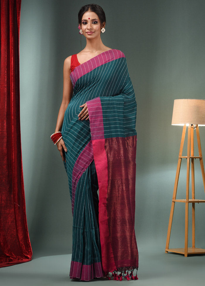 Teal Green Pure Cotton Saree With Blouse Piece - Indian Silk House Agencies