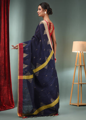 Navy Blue Pure Silk Saree With Blouse Piece - Indian Silk House Agencies