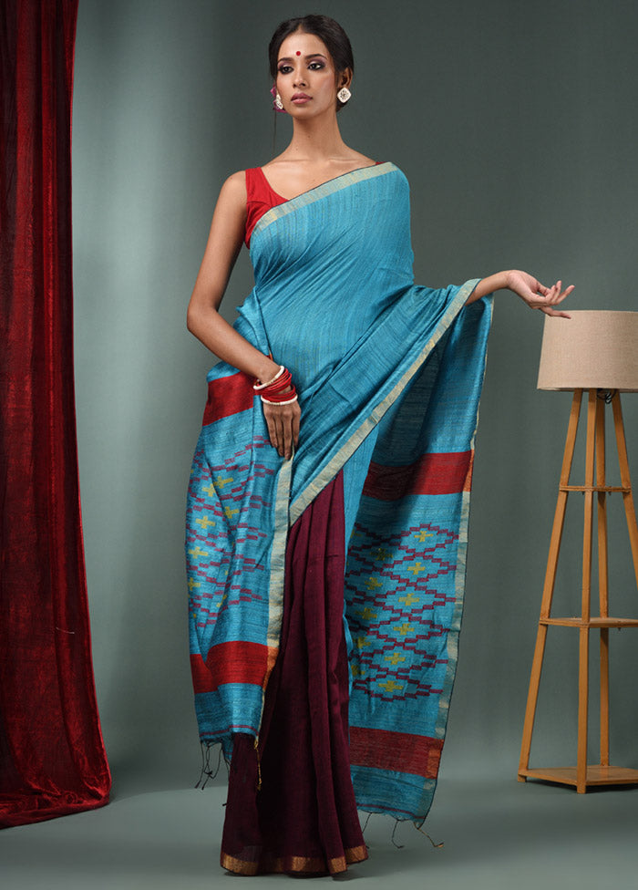 Blue Dupion Pure Silk Saree With Blouse Piece - Indian Silk House Agencies