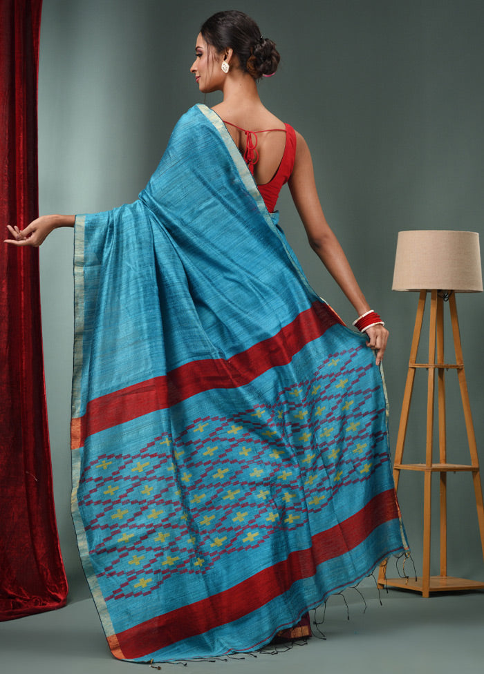 Blue Dupion Pure Silk Saree With Blouse Piece - Indian Silk House Agencies