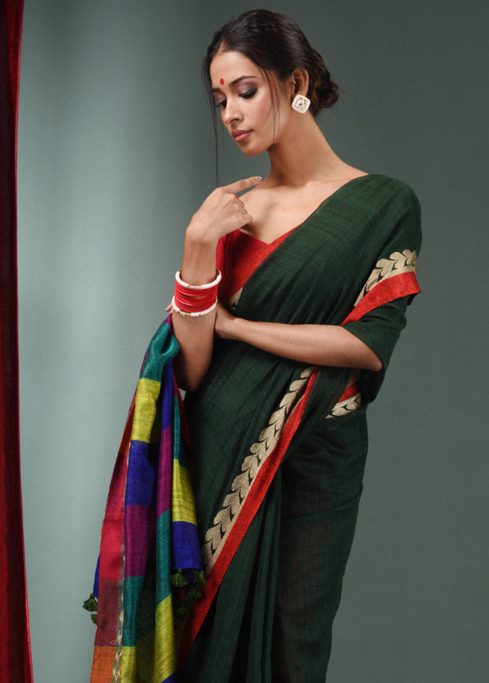 Green Dupion Pure Silk Saree With Blouse Piece - Indian Silk House Agencies