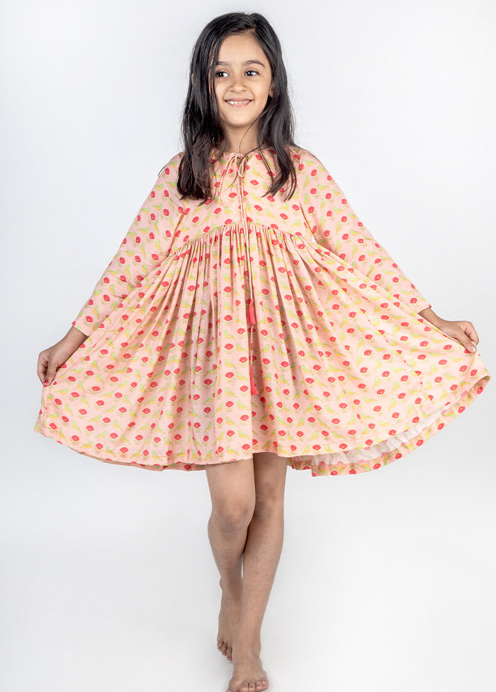 Peach Handcrafted Pure Muslin Gathered Dress - Indian Silk House Agencies