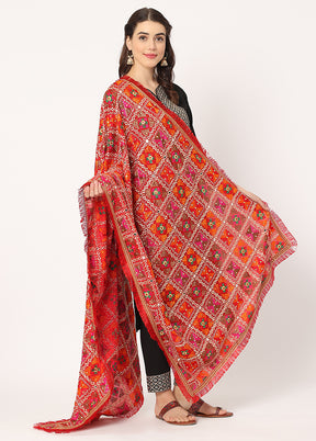 Red Chiffon Phulkari Embroidered Work Dupatta - Indian Silk House Agencies