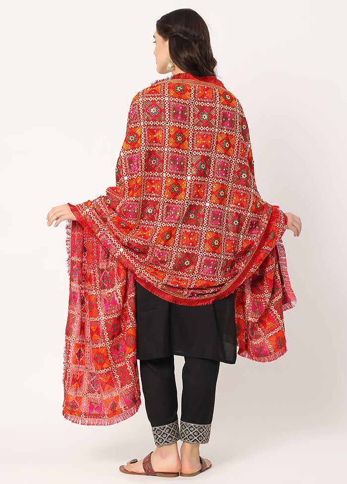 Red Chiffon Phulkari Embroidered Work Dupatta - Indian Silk House Agencies