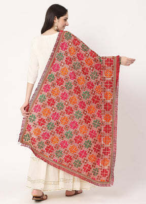 Red Chiffon Phulkari Embroidered Work Dupatta - Indian Silk House Agencies