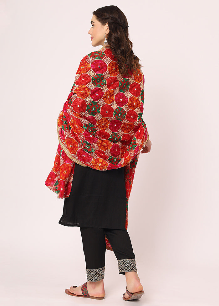 Red Chiffon Phulkari Embroidered Work Dupatta - Indian Silk House Agencies