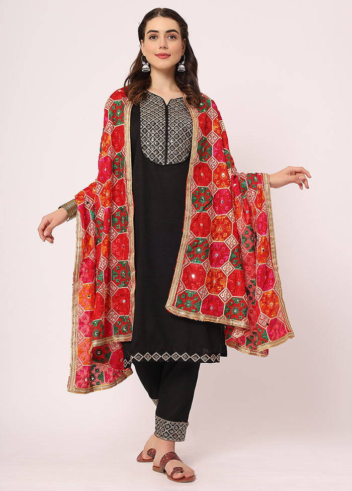 Red Chiffon Phulkari Embroidered Work Dupatta - Indian Silk House Agencies