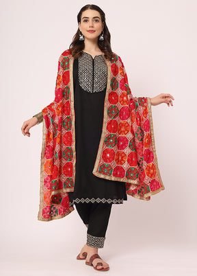 Red Chiffon Phulkari Embroidered Work Dupatta - Indian Silk House Agencies