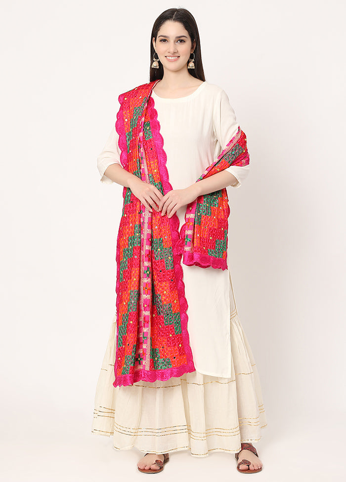 Pink Chiffon Phulkari Embroidered Work Dupatta - Indian Silk House Agencies