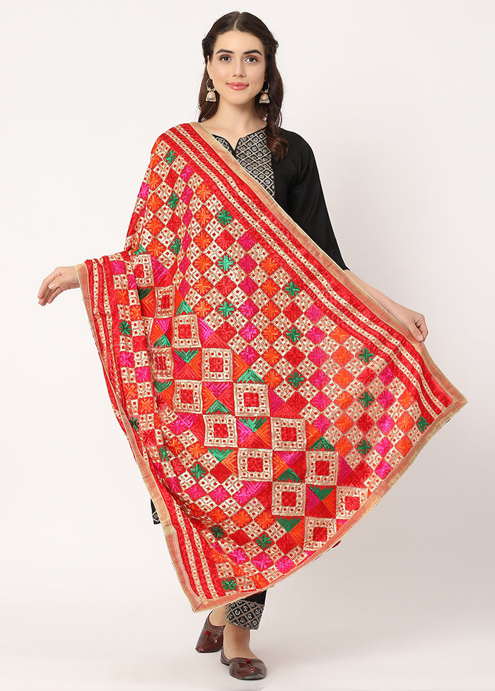 Red Chiffon Phulkari Embroidered Work Dupatta - Indian Silk House Agencies