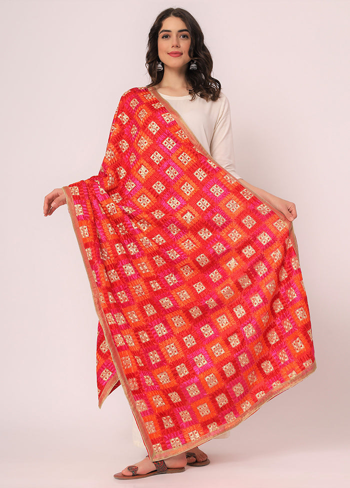 Red Chiffon Phulkari Embroidered Work Dupatta - Indian Silk House Agencies