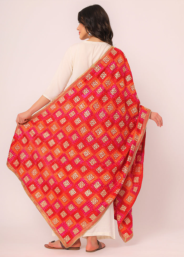 Red Chiffon Phulkari Embroidered Work Dupatta - Indian Silk House Agencies