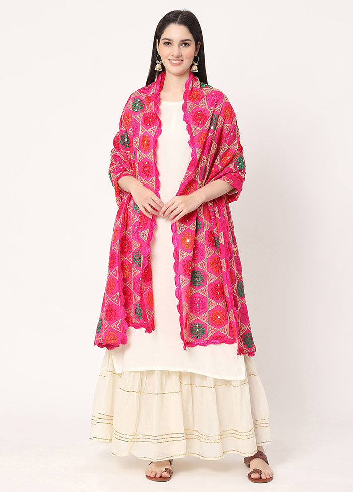 Pink Chiffon Phulkari Embroidered Work Dupatta - Indian Silk House Agencies