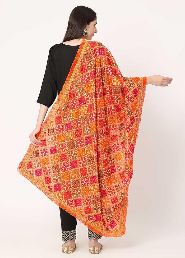 Orange Chiffon Phulkari Embroidered Work Dupatta - Indian Silk House Agencies