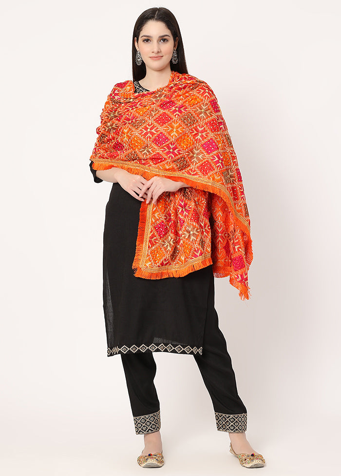 Orange Chiffon Phulkari Embroidered Work Dupatta - Indian Silk House Agencies