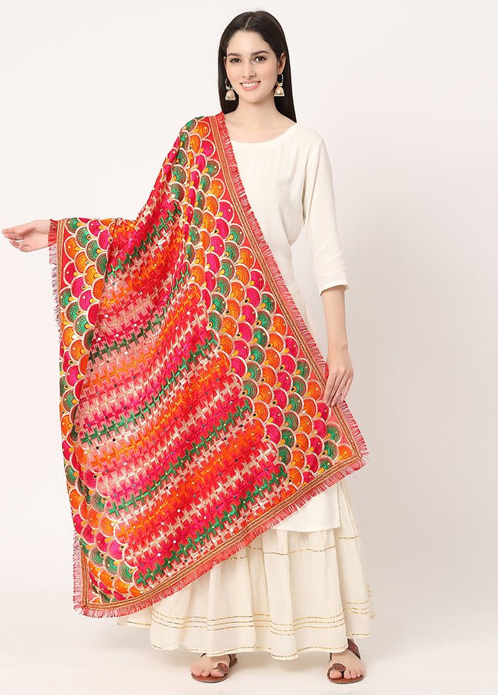 Red Chiffon Phulkari Embroidered Work Dupatta - Indian Silk House Agencies