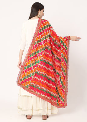 Red Chiffon Phulkari Embroidered Work Dupatta - Indian Silk House Agencies