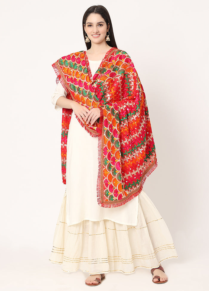 Red Chiffon Phulkari Embroidered Work Dupatta - Indian Silk House Agencies