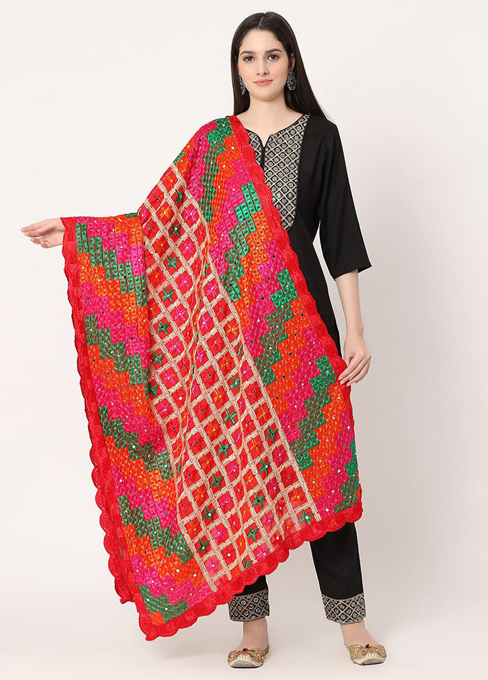 Red Chiffon Phulkari Embroidered Work Dupatta - Indian Silk House Agencies