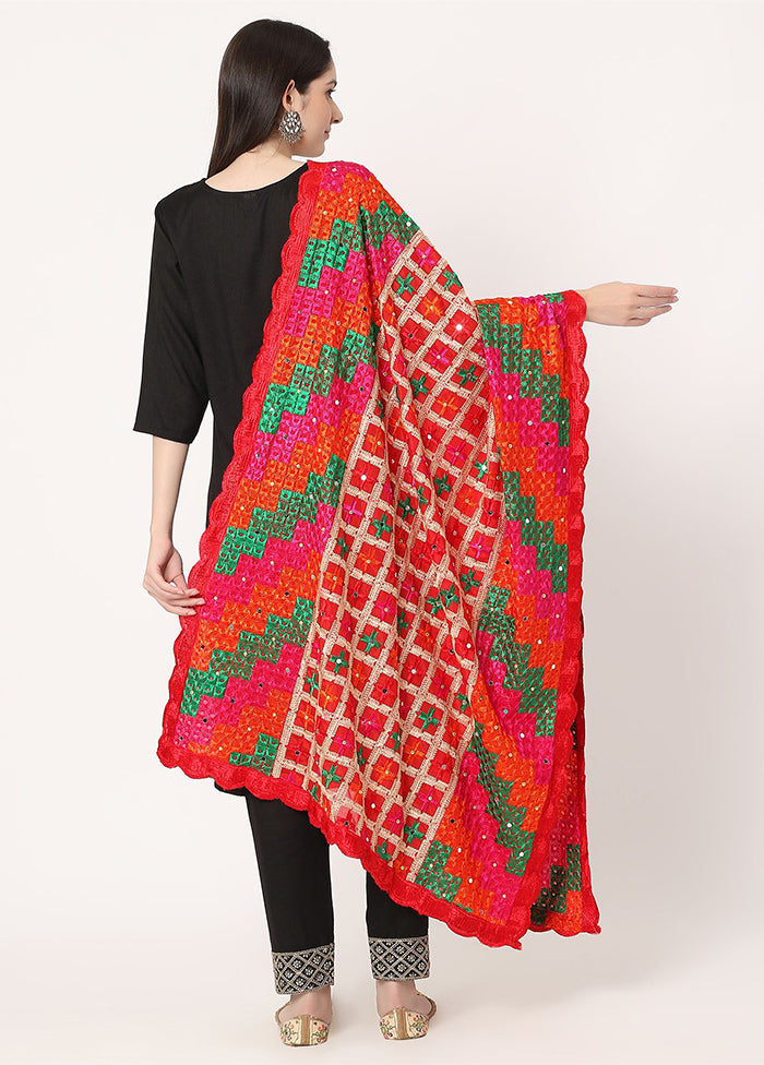 Red Chiffon Phulkari Embroidered Work Dupatta - Indian Silk House Agencies