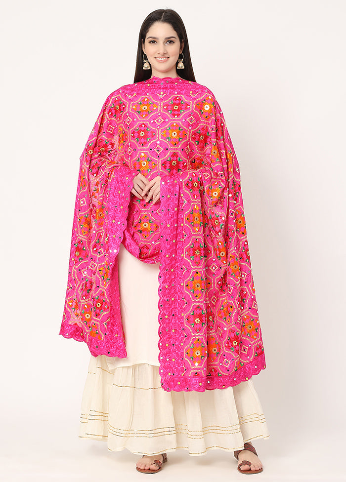 Pink Chiffon Phulkari Embroidered Work Dupatta - Indian Silk House Agencies