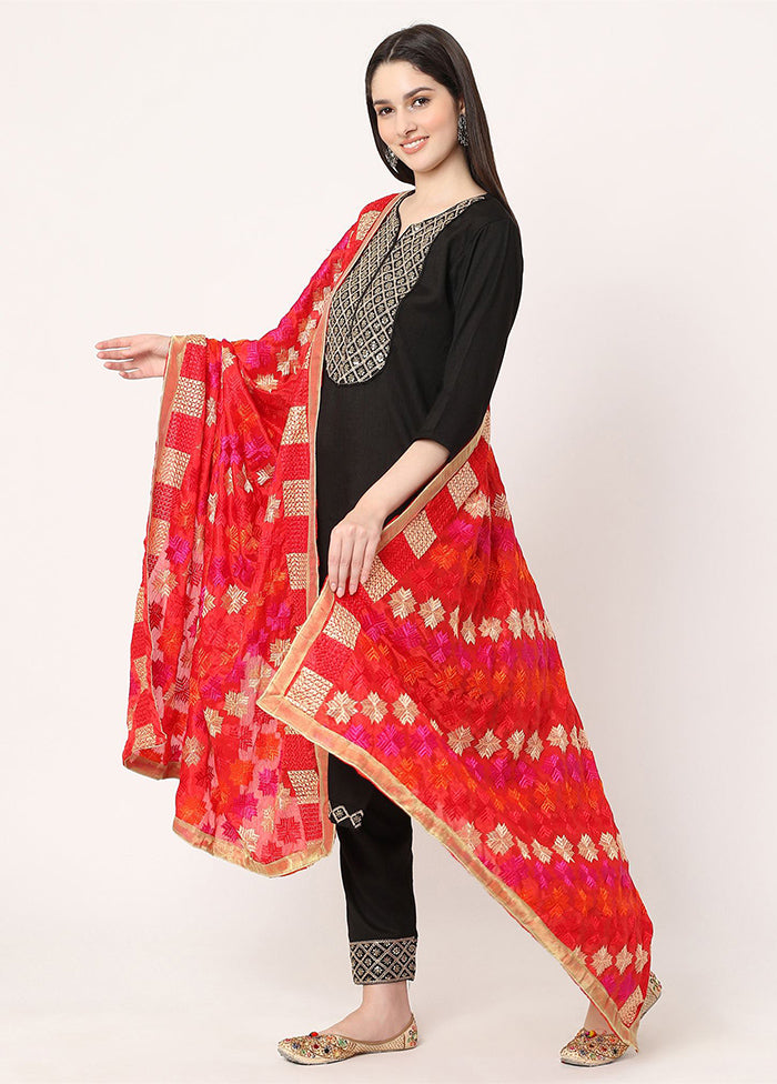 Red Chiffon Phulkari Embroidered Work Dupatta - Indian Silk House Agencies