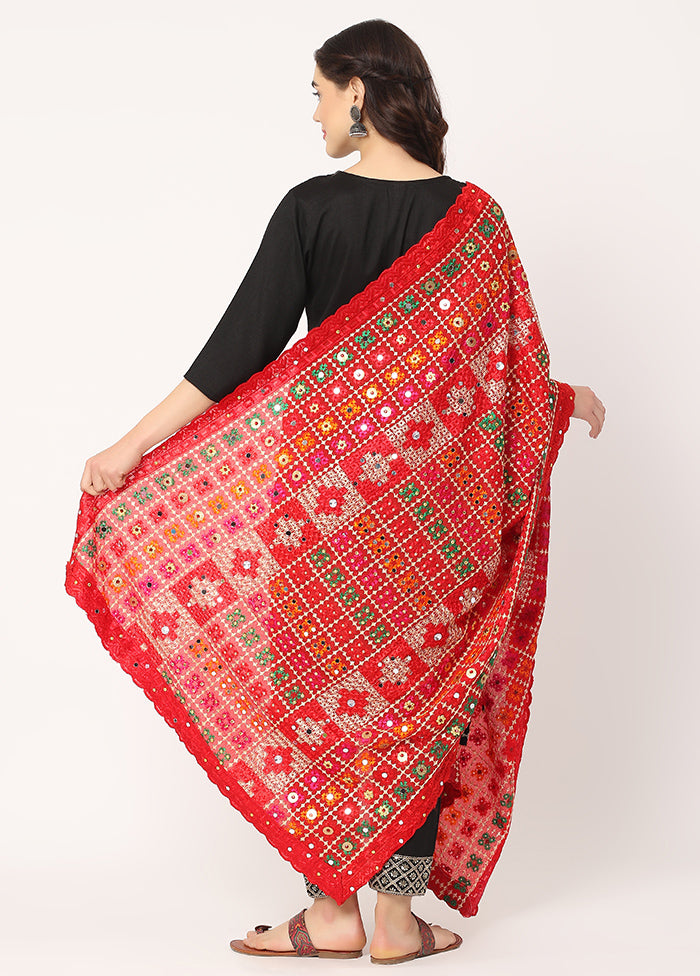 Red Chiffon Phulkari Embroidered Work Dupatta - Indian Silk House Agencies