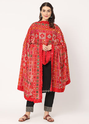 Red Chiffon Phulkari Embroidered Work Dupatta - Indian Silk House Agencies