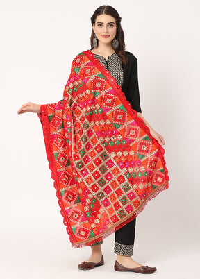 Red Chiffon Phulkari Embroidered Work Dupatta - Indian Silk House Agencies