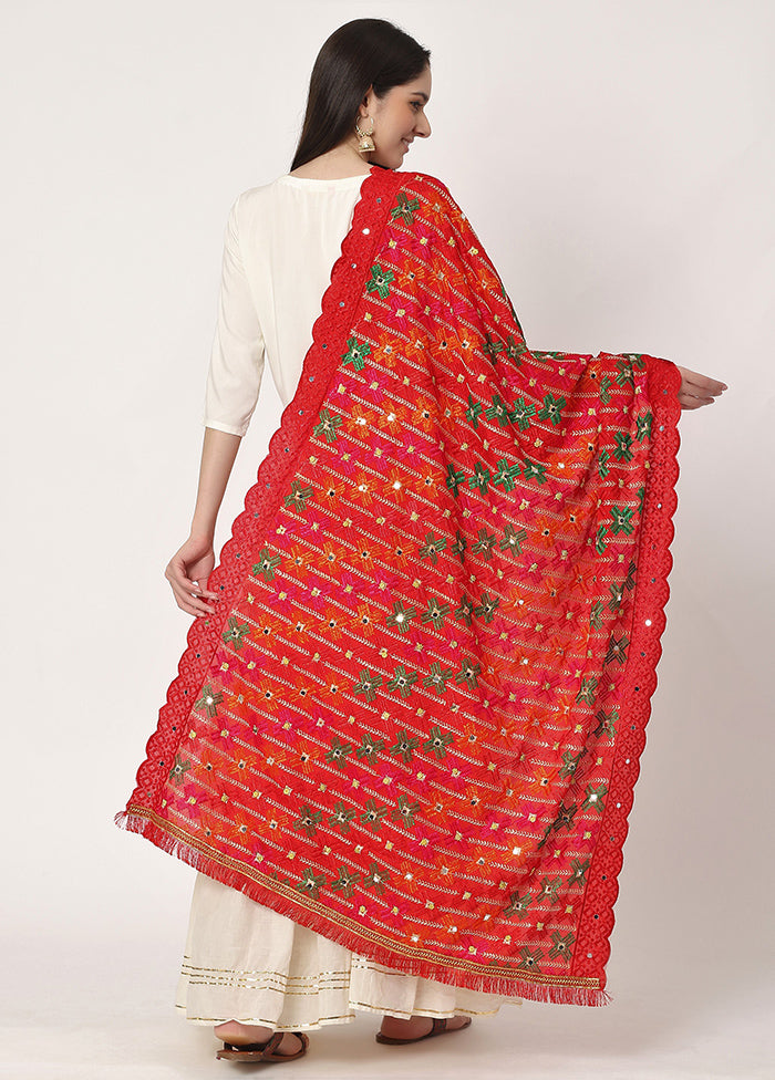 Red Chiffon Phulkari Embroidered Work Dupatta - Indian Silk House Agencies