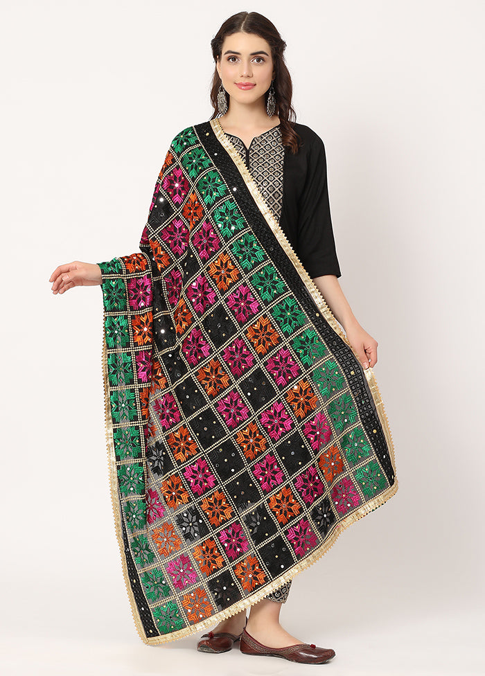 Black Chiffon Phulkari Embroidered Work Dupatta - Indian Silk House Agencies