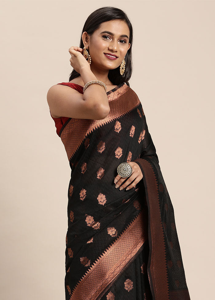 Black Spun Silk Saree With Blouse Piece - Indian Silk House Agencies