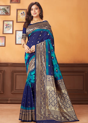 Navy Blue Spun Silk Woven Saree With Blouse Piece - Indian Silk House Agencies