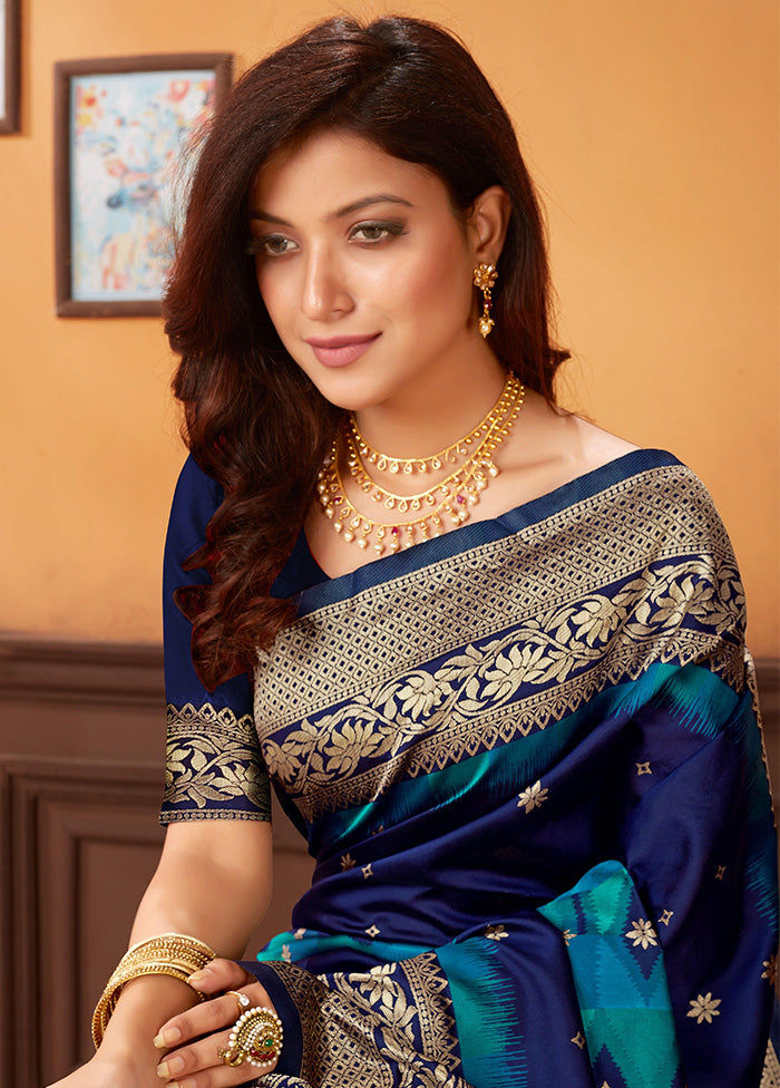 Navy Blue Spun Silk Woven Saree With Blouse Piece - Indian Silk House Agencies