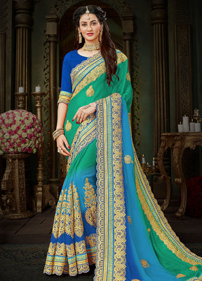 Blue Chiffon Silk Embroidered Saree With Blouse Piece - Indian Silk House Agencies