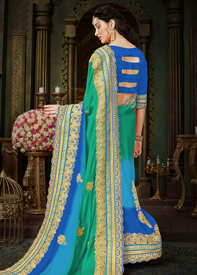 Blue Chiffon Silk Embroidered Saree With Blouse Piece - Indian Silk House Agencies