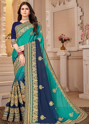 Sky Blue Chiffon Silk Embroidered Saree With Blouse Piece - Indian Silk House Agencies