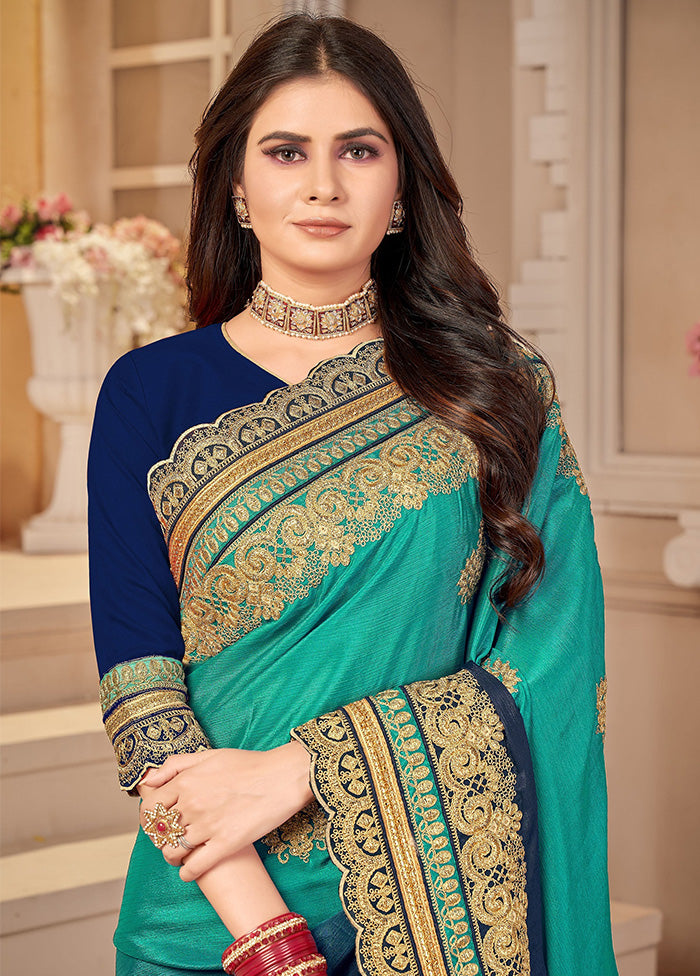 Sky Blue Chiffon Silk Embroidered Saree With Blouse Piece - Indian Silk House Agencies