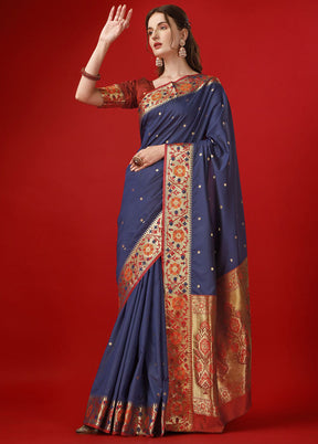 Dark Blue Spun Silk Woven Saree With Blouse Piece - Indian Silk House Agencies