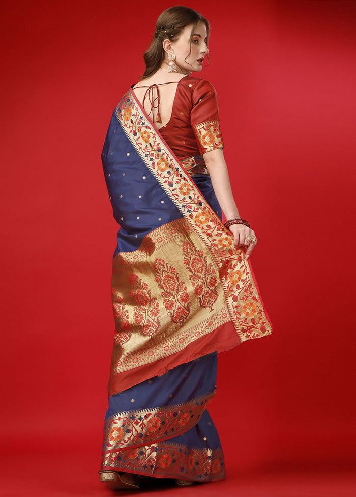 Dark Blue Spun Silk Woven Saree With Blouse Piece - Indian Silk House Agencies