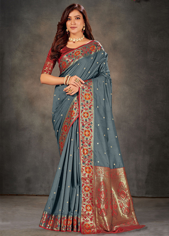 Grey Spun Silk Woven Saree With Blouse Piece - Indian Silk House Agencies