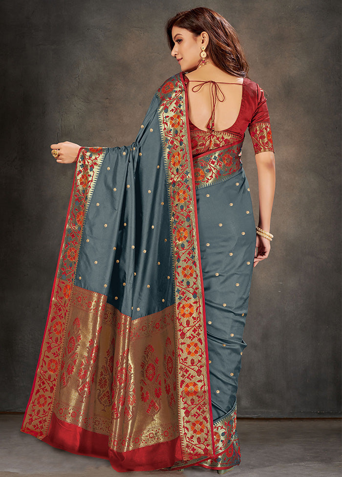 Grey Spun Silk Woven Saree With Blouse Piece - Indian Silk House Agencies