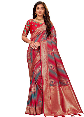 Red Spun Silk Woven Saree With Blouse Piece - Indian Silk House Agencies