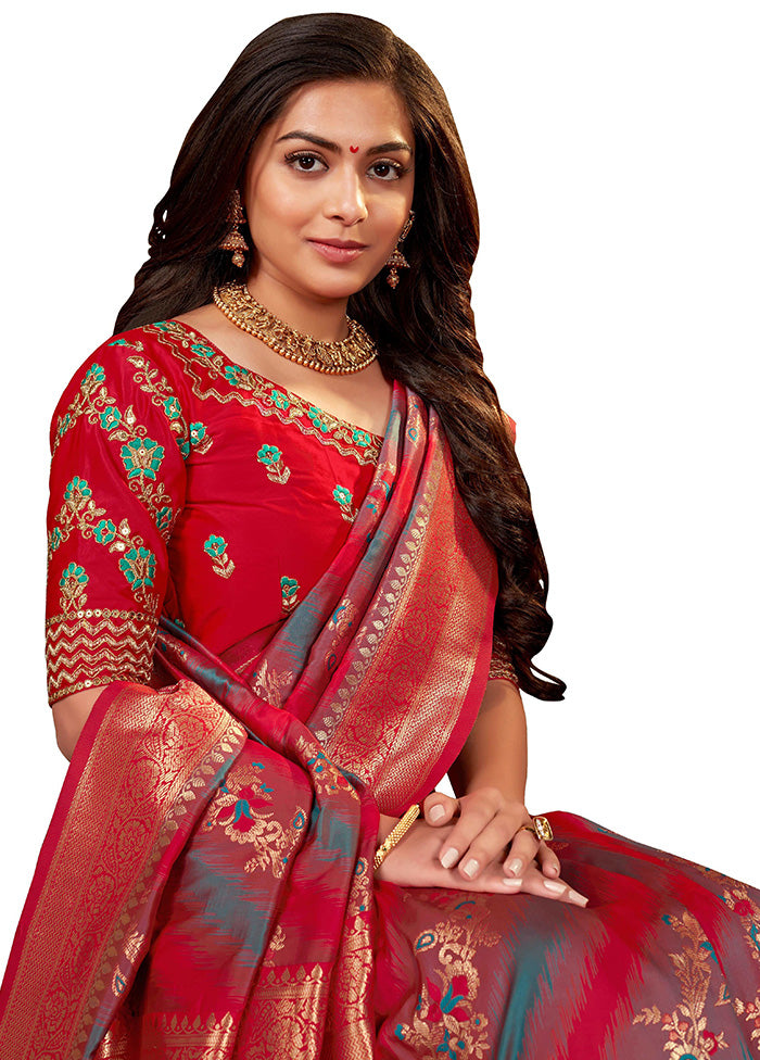 Red Spun Silk Woven Saree With Blouse Piece - Indian Silk House Agencies