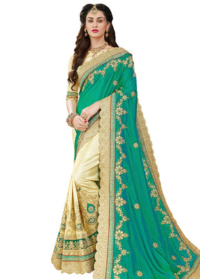 Green Spun Silk Embroidered Saree With Blouse Piece - Indian Silk House Agencies