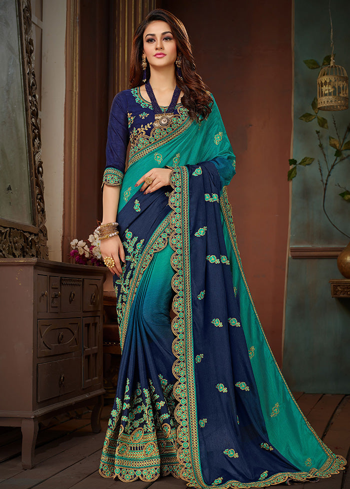 Blue Chiffon Silk Embroidered Saree With Blouse Piece - Indian Silk House Agencies